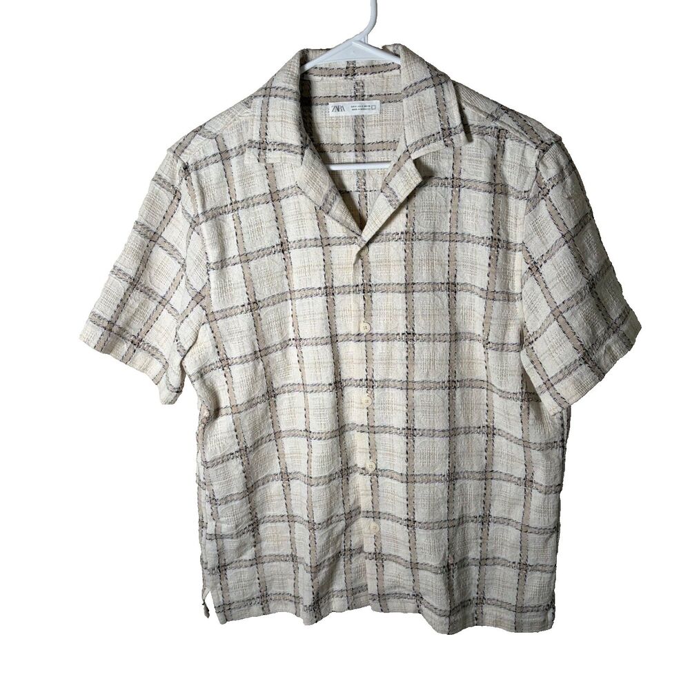 Zara Shirt Men's Small Woven Button Up Short Sleeve Collared Plaid Casual